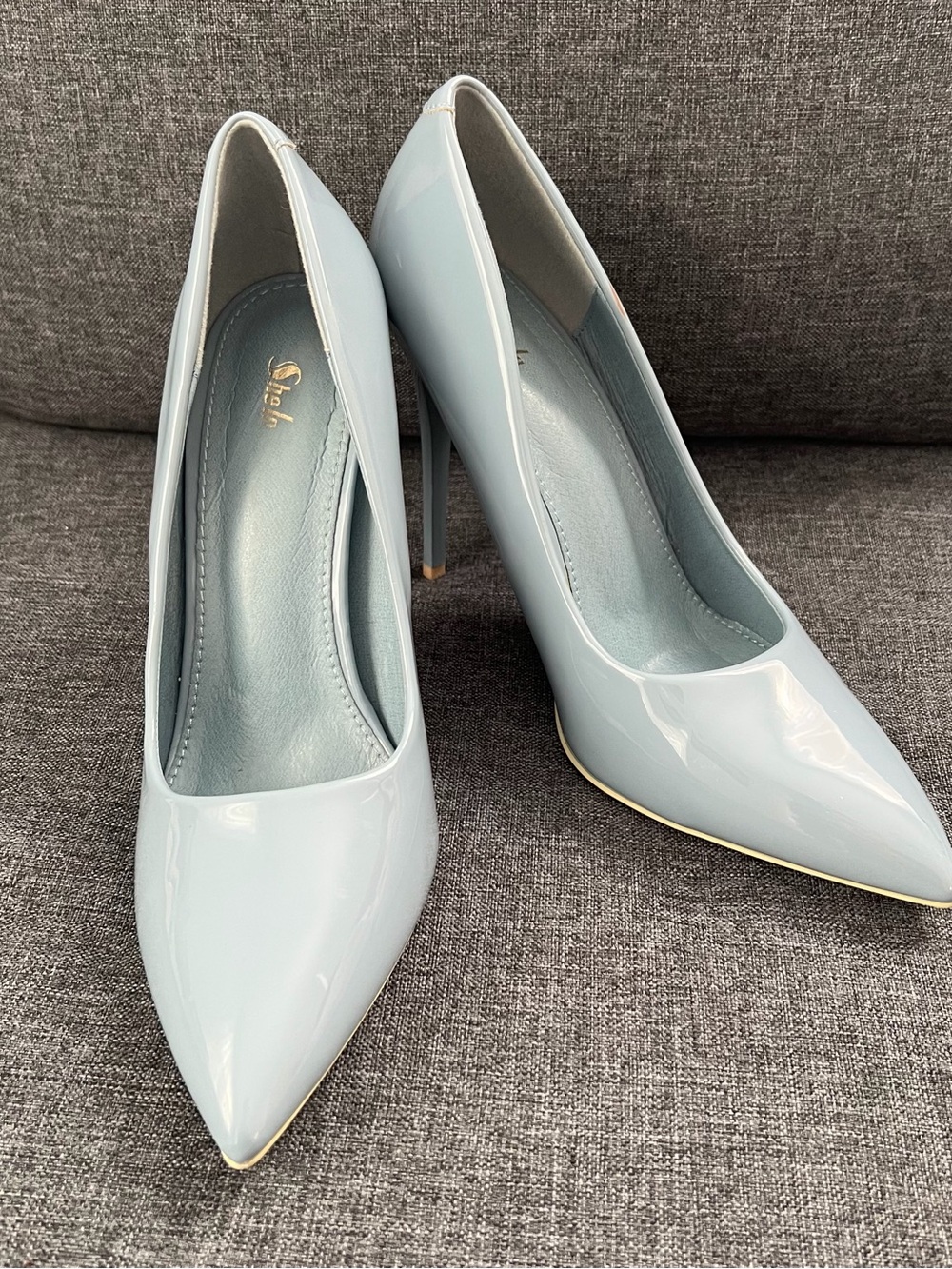 Classic Pointed Patent Pumps in Pale Blue by Shosh